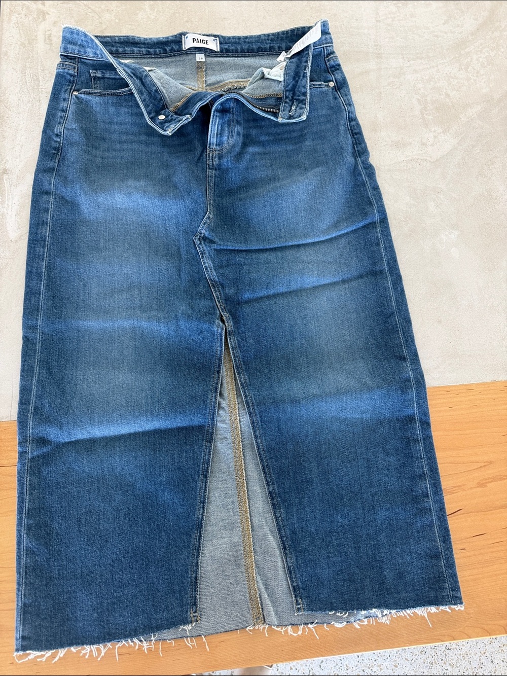 PAIGE Blue Denim Midi Skirt with Center Slit